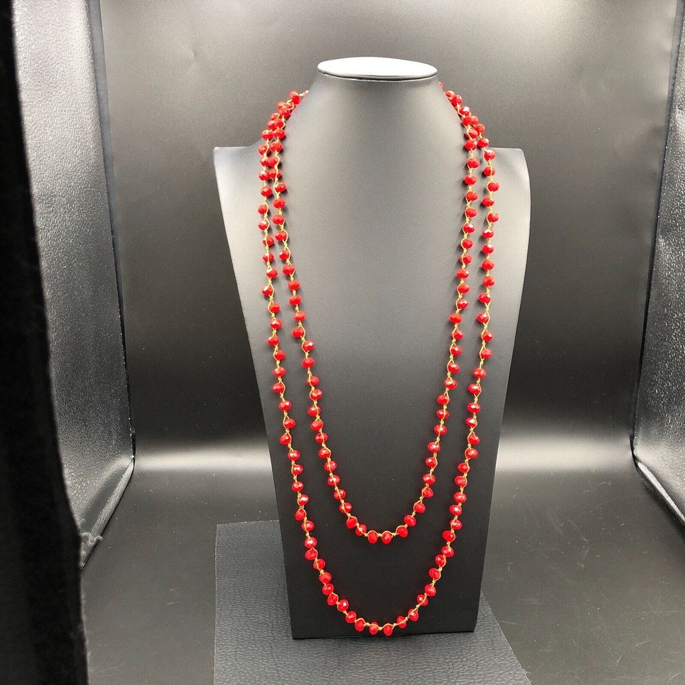 Betsy Pittard Designs Handmade Necklace Peyton Red Faceted Stone Beads 70" Cord‎